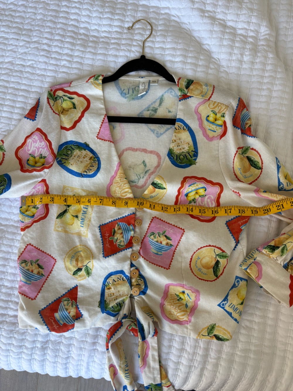 Joie Cream Lemon Print Tie Front Blouse, Multicolor Floral Accents, Size Medium - Picture 10 of 12